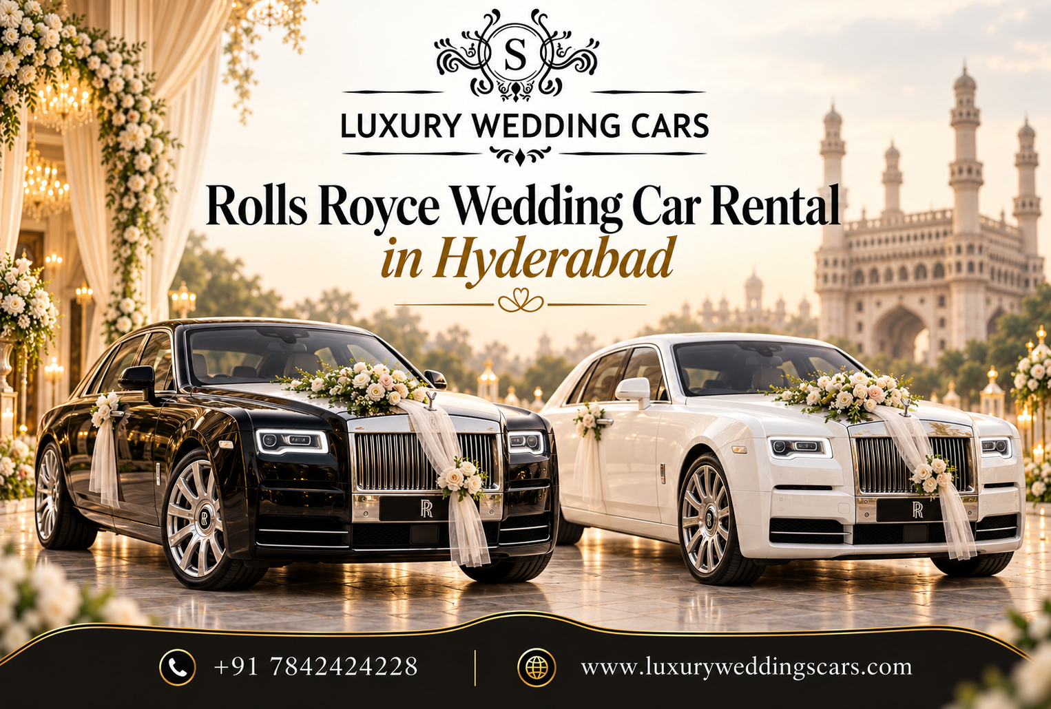 Classic Rolls-Royce wedding car for a luxury marriage event in Hyderabad