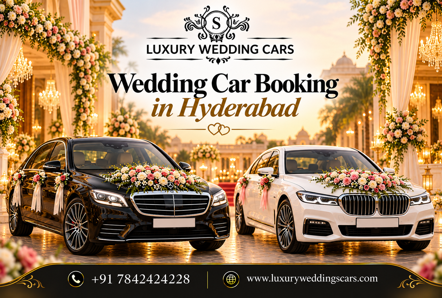 Wedding Car Booking in Hyderabad featuring luxury Rolls-Royce, Bentley, BMW and Jaguar cars for weddings