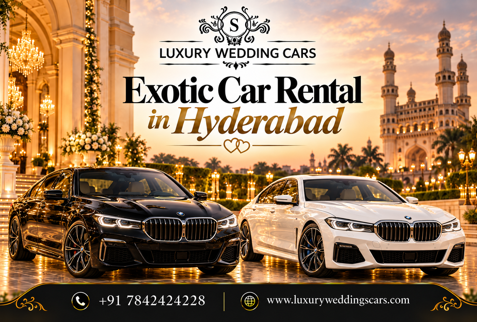 Exotic Car Rental in Hyderabad featuring luxury wedding cars including Rolls-Royce, Bentley, Porsche and BMW for weddings and celebrations.
