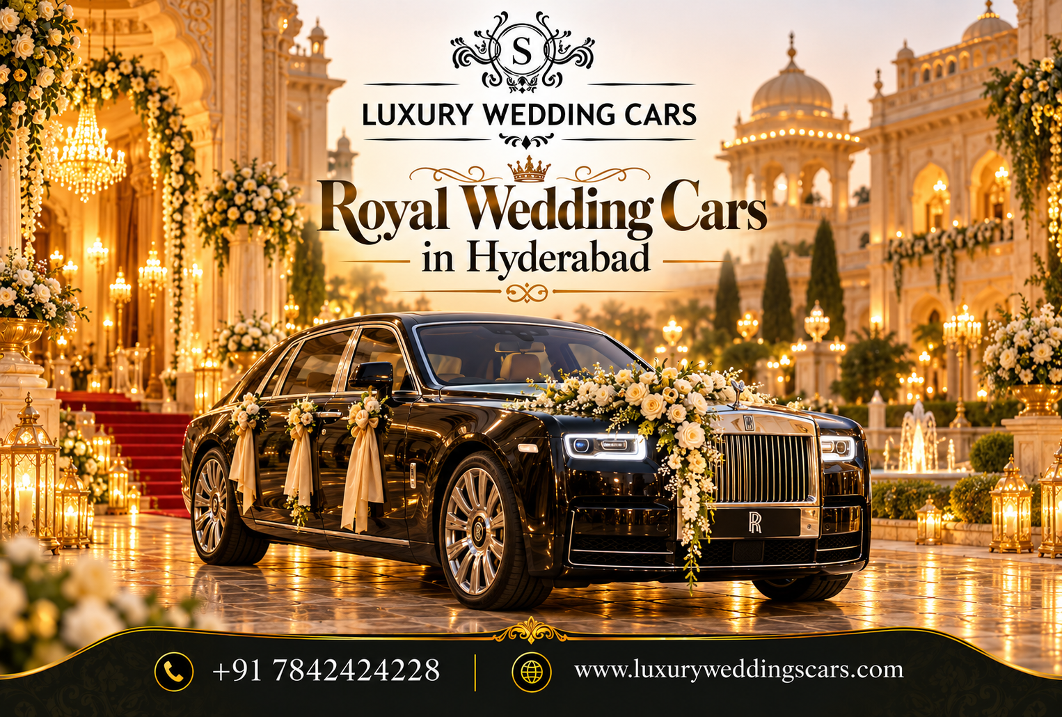 Royal Wedding Cars in Hyderabad featuring luxurious Rolls-Royce, Bentley and premium wedding car rentals for grand celebrations.