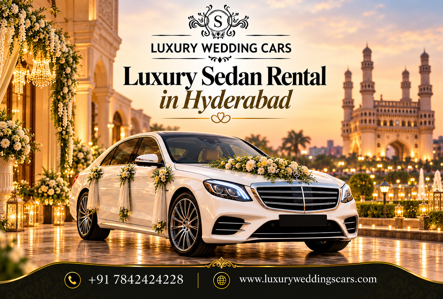 Luxury Sedan Rental in Hyderabad featuring premium wedding cars for couples and guests