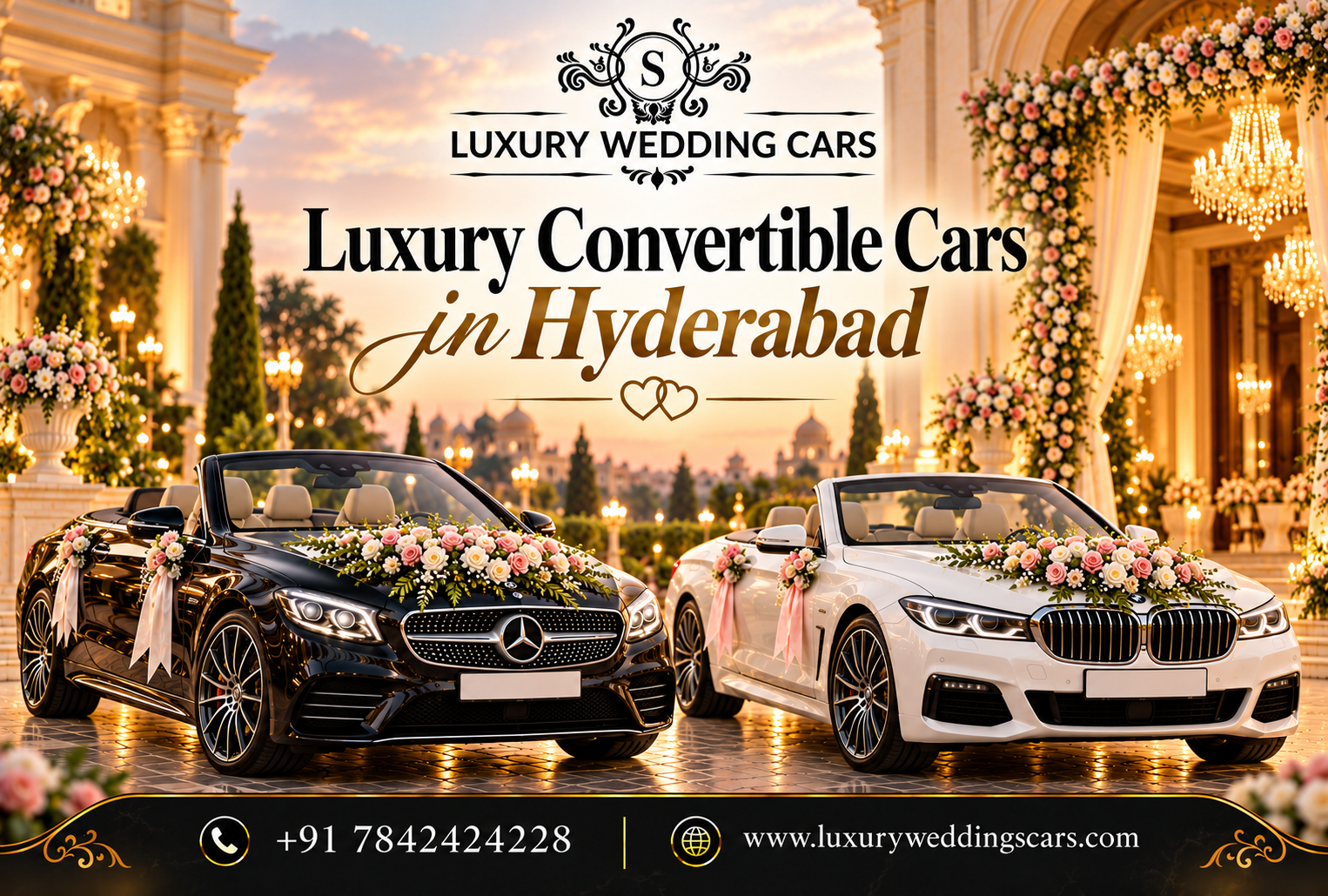 Luxury Convertible Cars in Hyderabad for weddings featuring premium open-top wedding cars