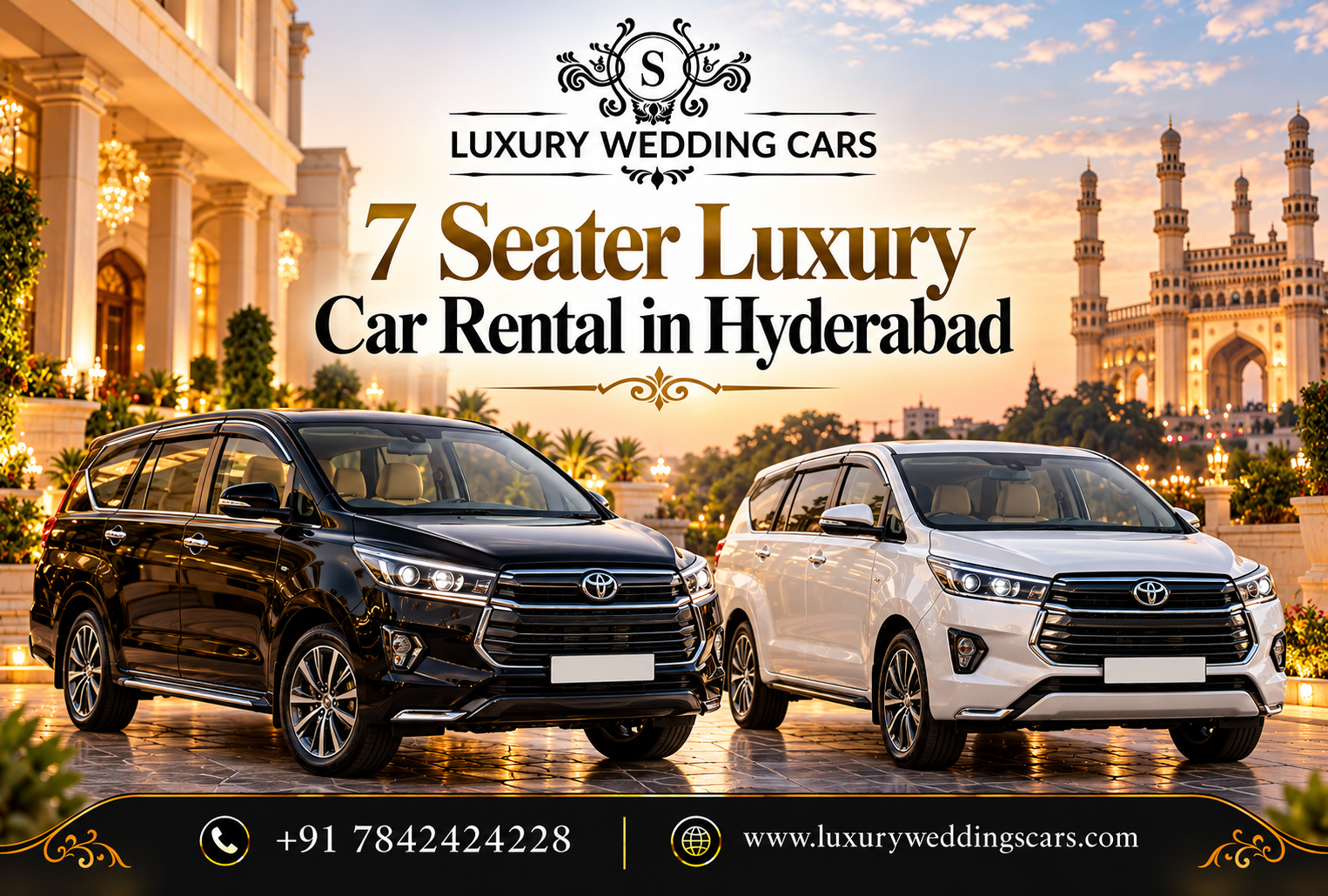 7 Seater Luxury Car Rental in Hyderabad featuring a premium Toyota Fortuner SUV for comfortable wedding and family transportation.