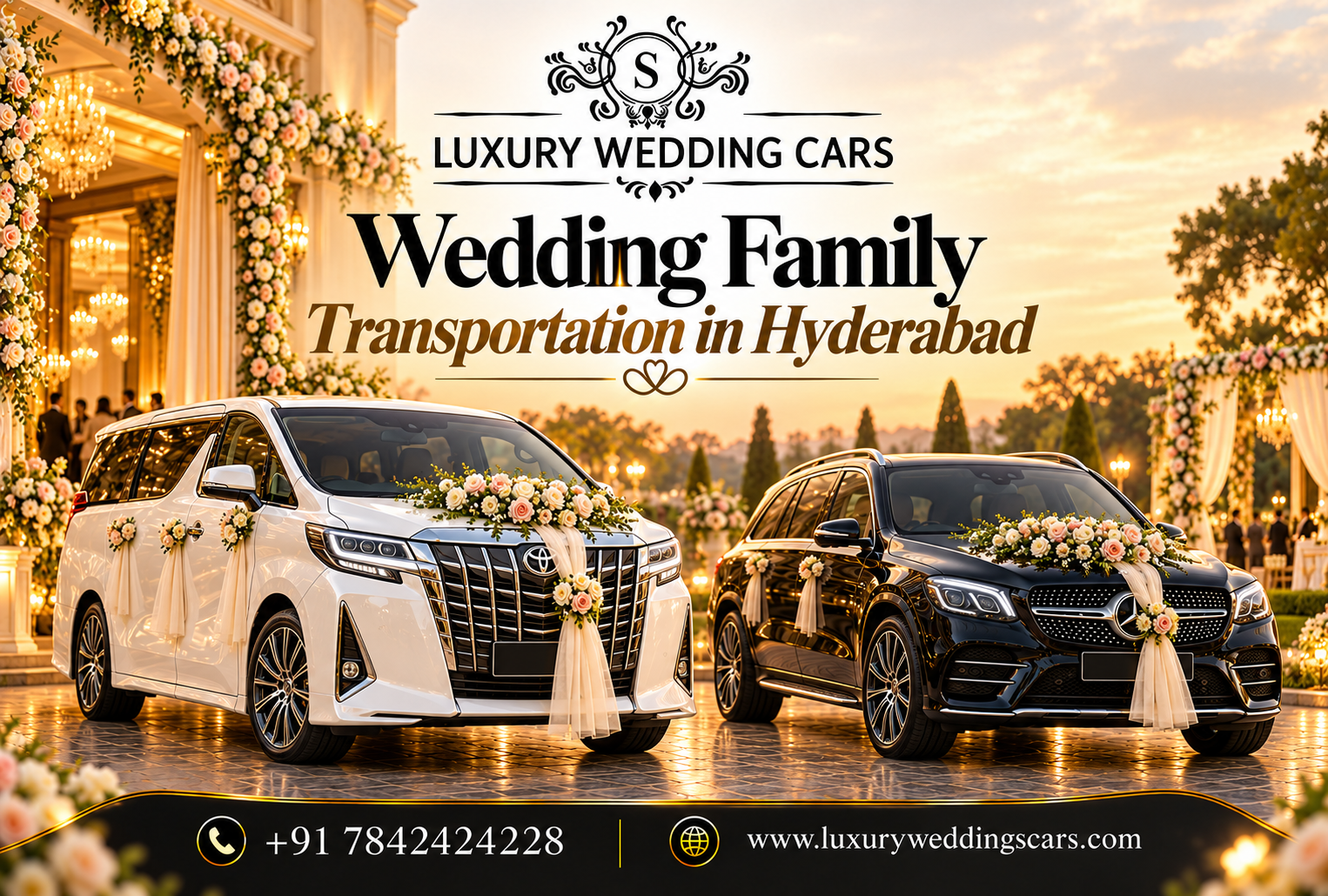 Luxury premium cars for wedding family transportation in Hyderabad, including Rolls-Royce, Bentley, BMW, Jaguar and Toyota Fortuner.