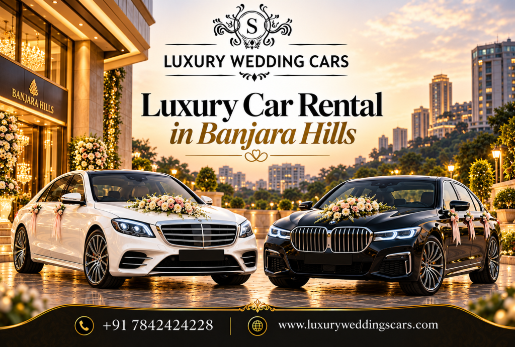 Current image: Luxury Car Rental in Banjara Hills featuring premium wedding cars including Rolls-Royce, Bentley, BMW and Jaguar in Hyderabad